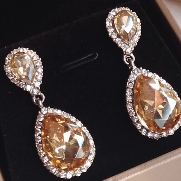 925 Silver Sterling Long Champaign Earrings Simulated Crystal Diamonds - Picture 6 of 6